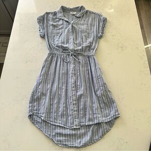 Japra Light Blue Striped Button-Front Shirt Dress with Tie Waist